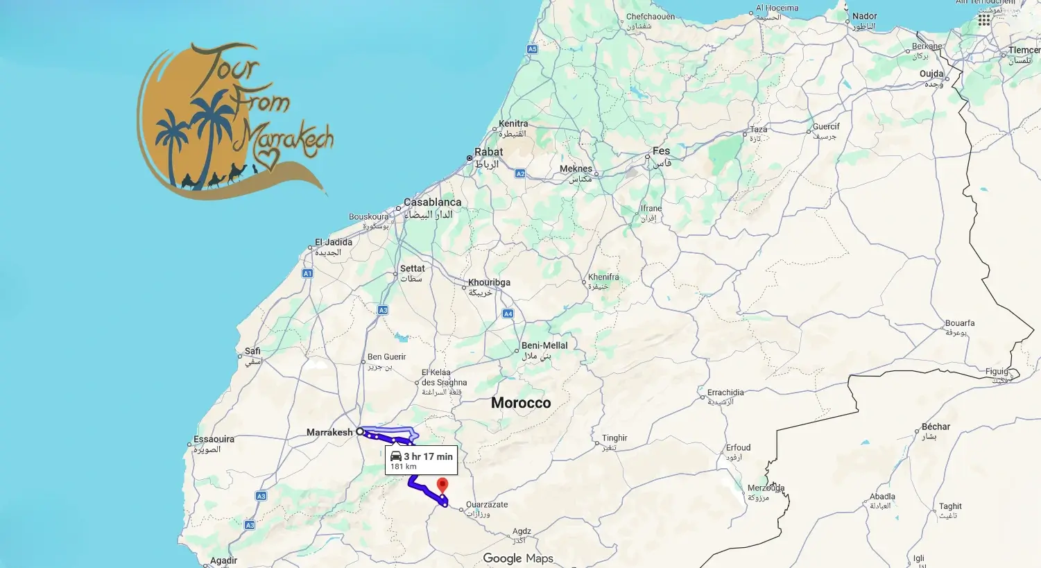 marrakech-to-ait-ben-haddou-route-map-distance Map showing the route from Marrakech to Ait Ben Haddou via Ouarzazate with distance and travel time