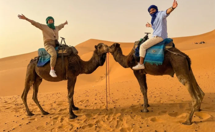 Camel trekking in the Sahara dunes of Merzouga during the 3 days Marrakech to Fes desert tour