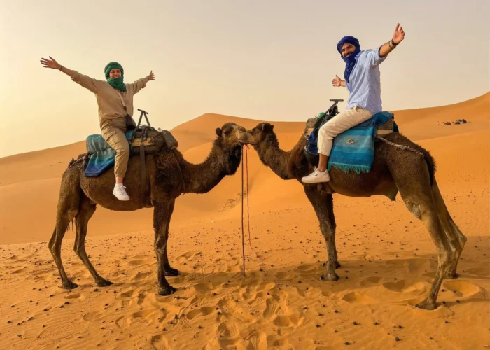 Camel trekking in the Sahara dunes of Merzouga during the 3 days Marrakech to Fes desert tour
