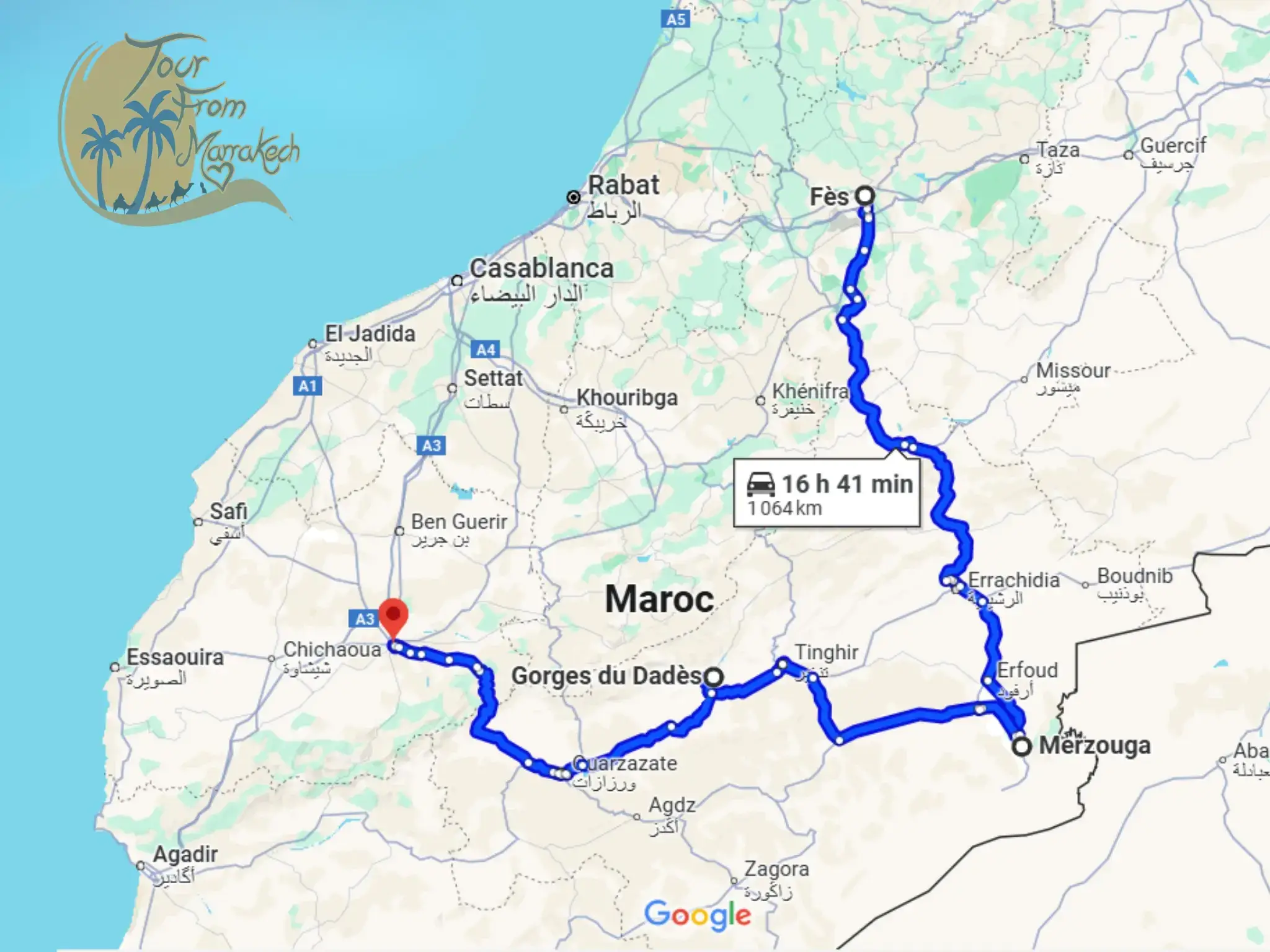 Route map of the 3 days Marrakech to Fes desert tour via Merzouga Sahara