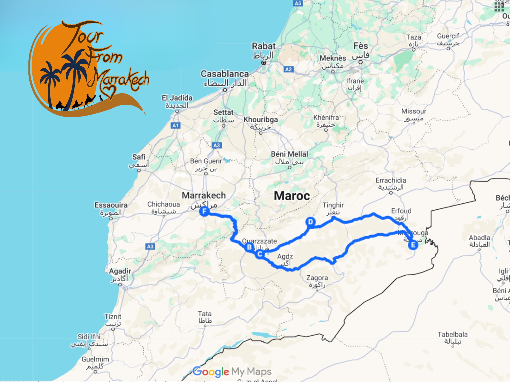Route map of the 3 days Marrakech to Merzouga desert tour through the Atlas Mountains, Dades Valley, Todra Gorge and the Sahara desert