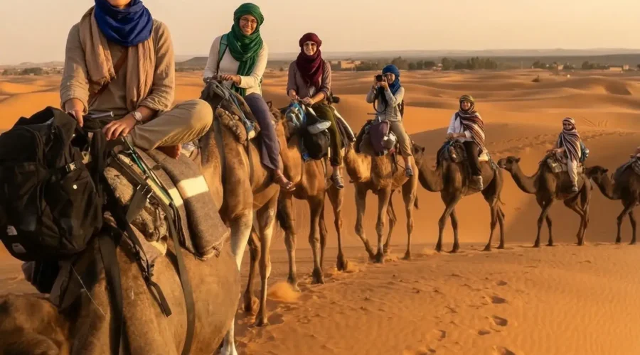 Camel caravan crossing the Erg Chebbi dunes during the 3 days Marrakech to Fes desert tour