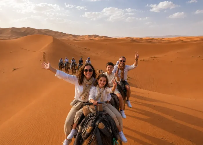 Family enjoying camel trekking in the Merzouga Sahara desert during the 7 days Marrakech to Fes desert tour