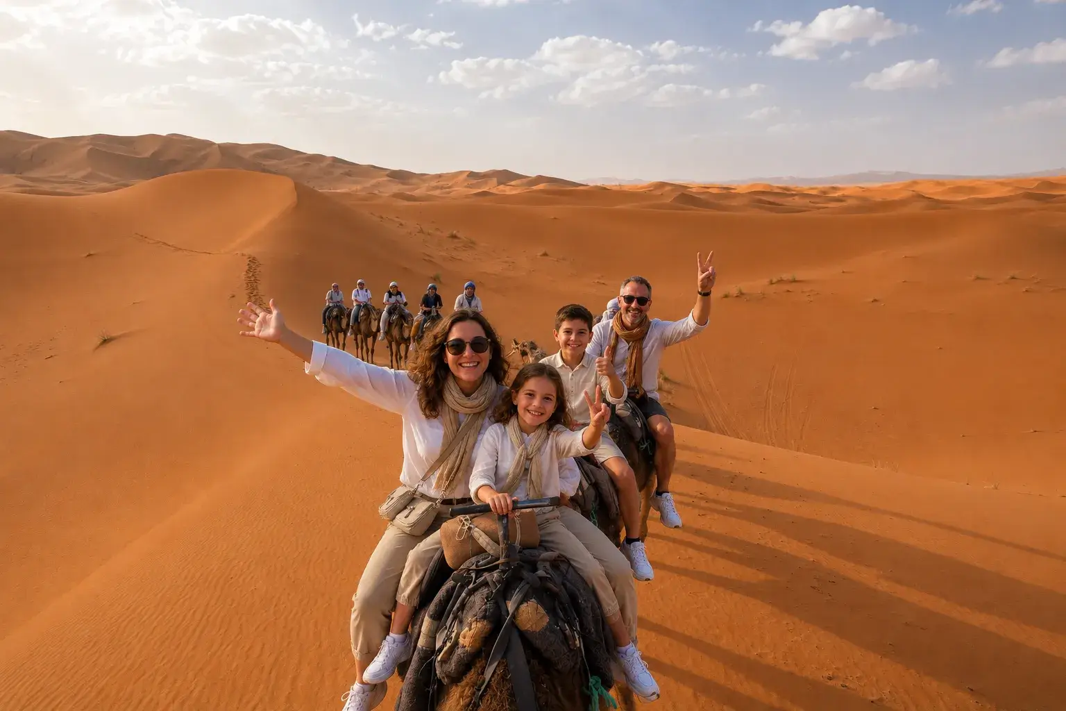 Family enjoying camel trekking in the Merzouga Sahara desert during the 7 days Marrakech to Fes desert tour