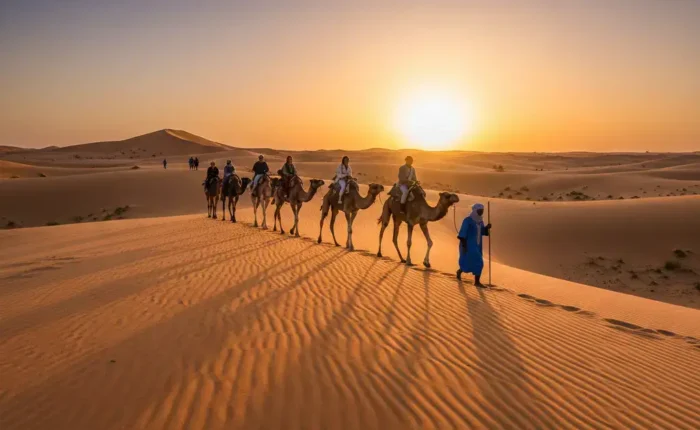 Camel trekking in the Sahara desert during the 4 days Marrakech to Fes desert tour