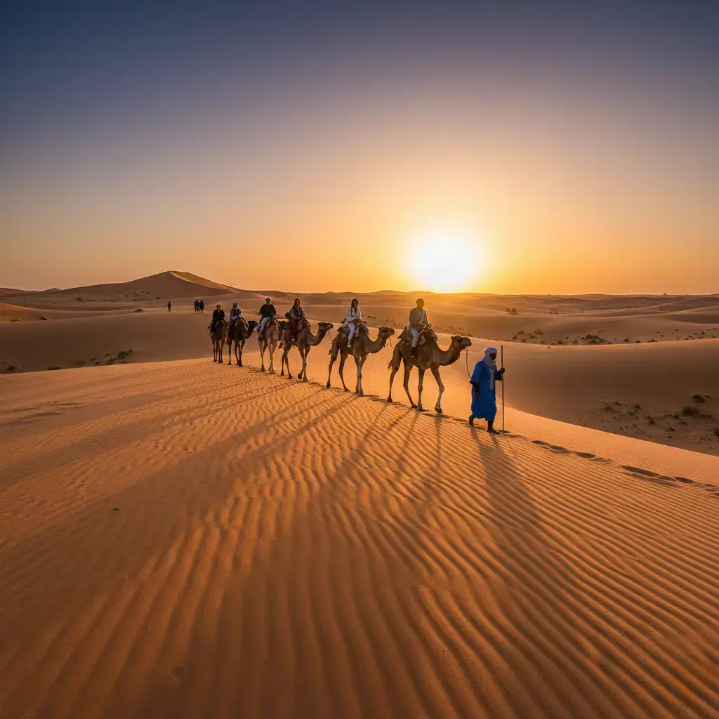 Camel trekking in the Sahara desert during the 4 days Marrakech to Fes desert tour