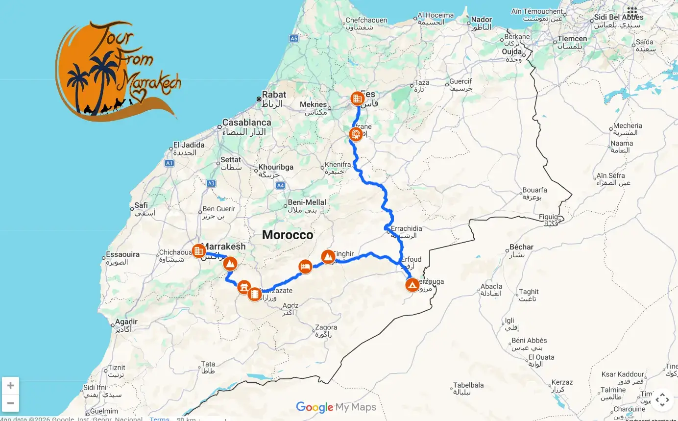 Route map of the 4 days Marrakech to Fes desert tour via Ait Ben Haddou, Dades Valley, Merzouga and Ifrane