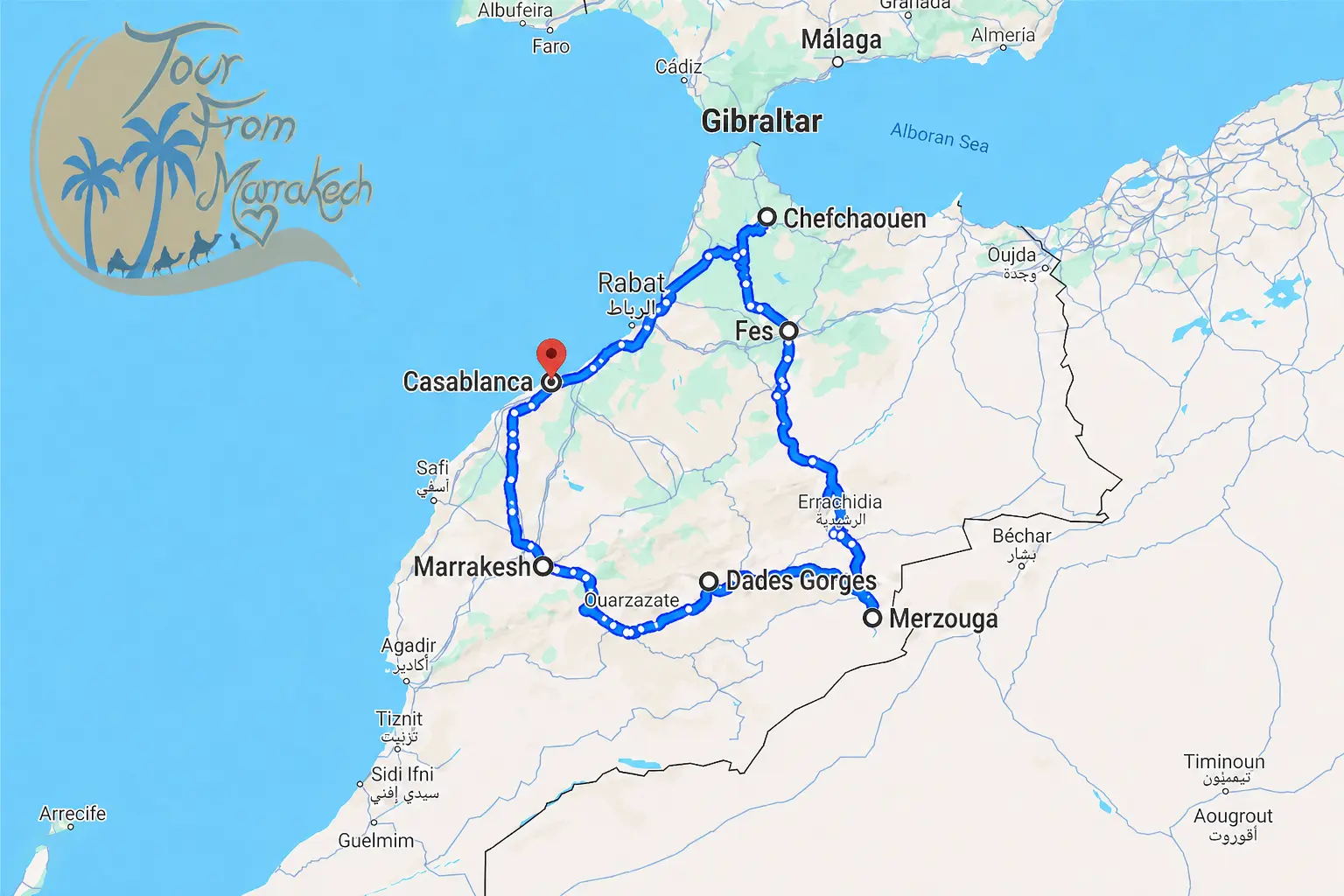 13 Days Tour from Casablanca Morocco route map via Chefchaouen Fes Merzouga and Marrakech