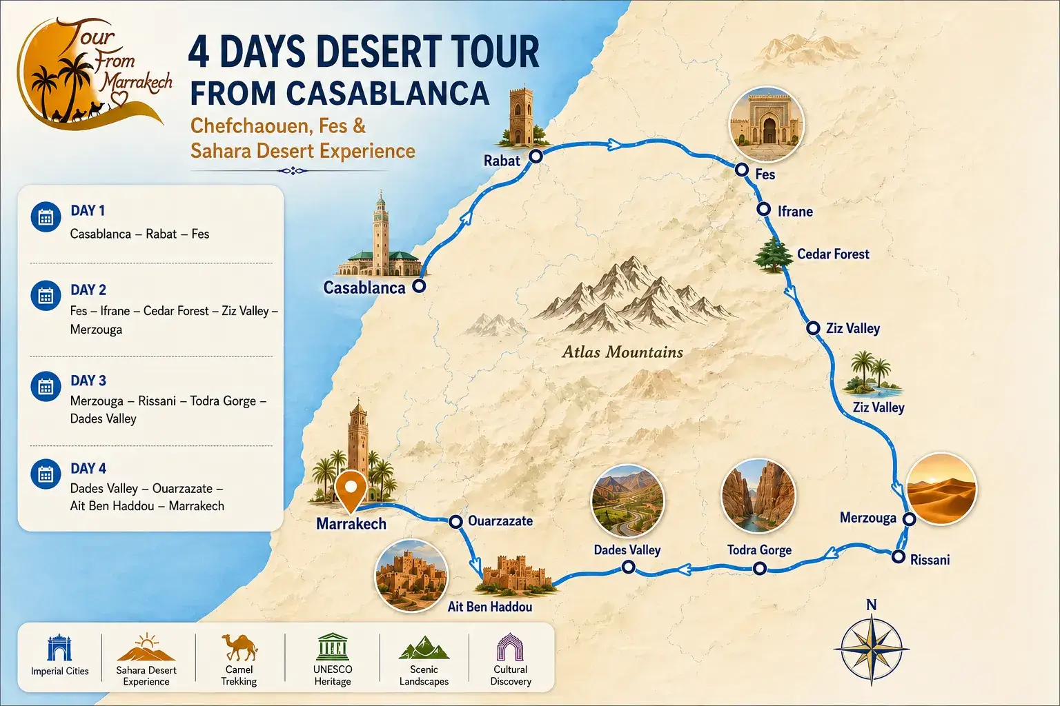 4 Days Desert Tour from Casablanca to Sahara Desert Map 4 Days Desert Tour from Casablanca to Sahara Desert route map via Rabat, Fes, Merzouga, Dades Valley and Marrakech