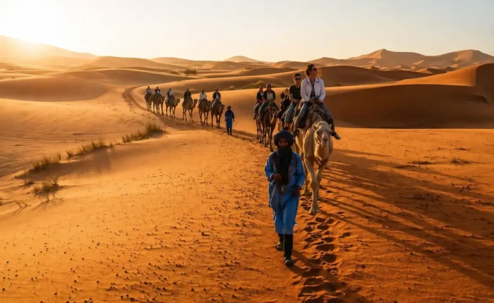 camel trekking during a 4 days Marrakech to Merzouga desert tour in the Sahara