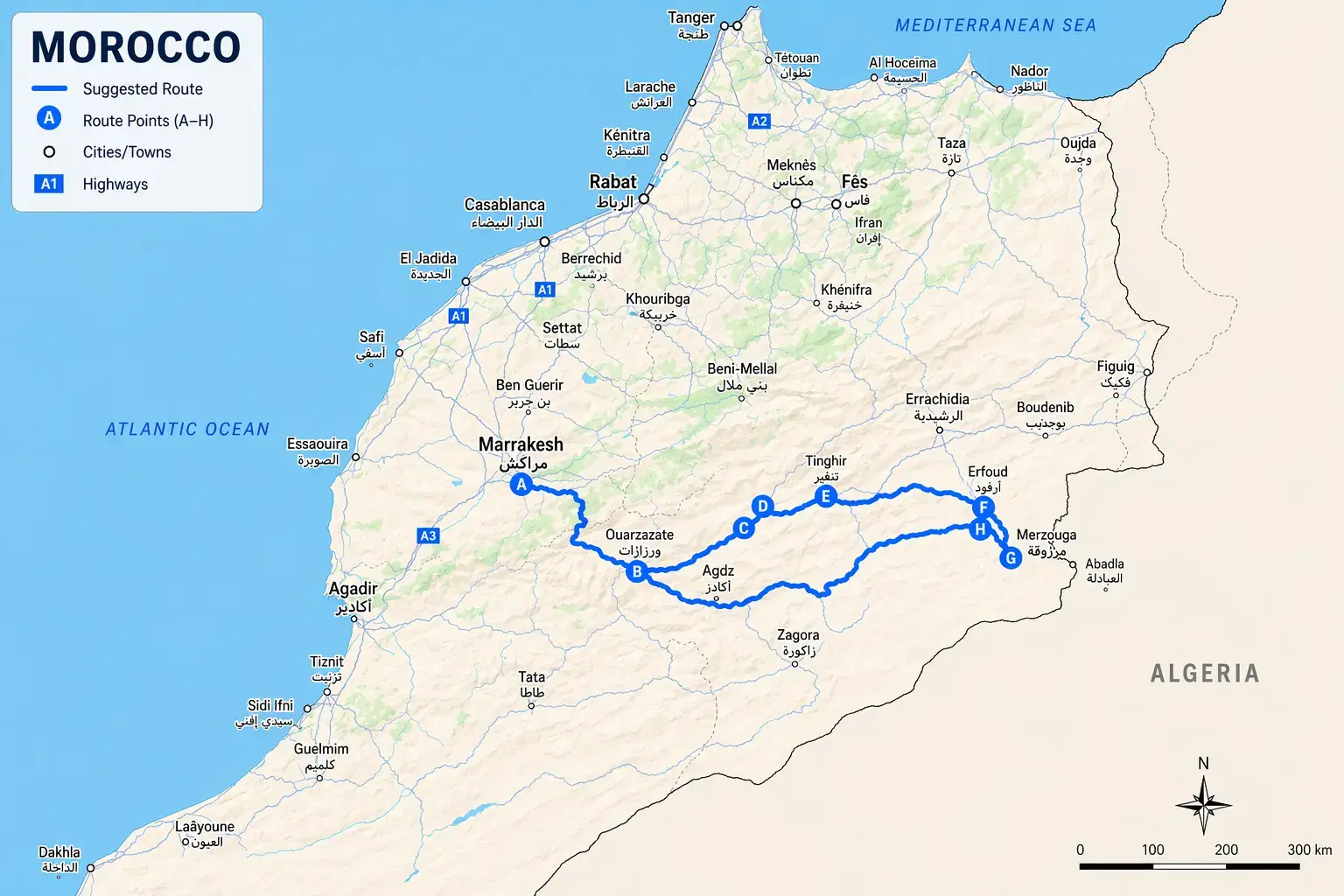 route map of the 4 days Marrakech to Merzouga desert tour showing itinerary and key stops