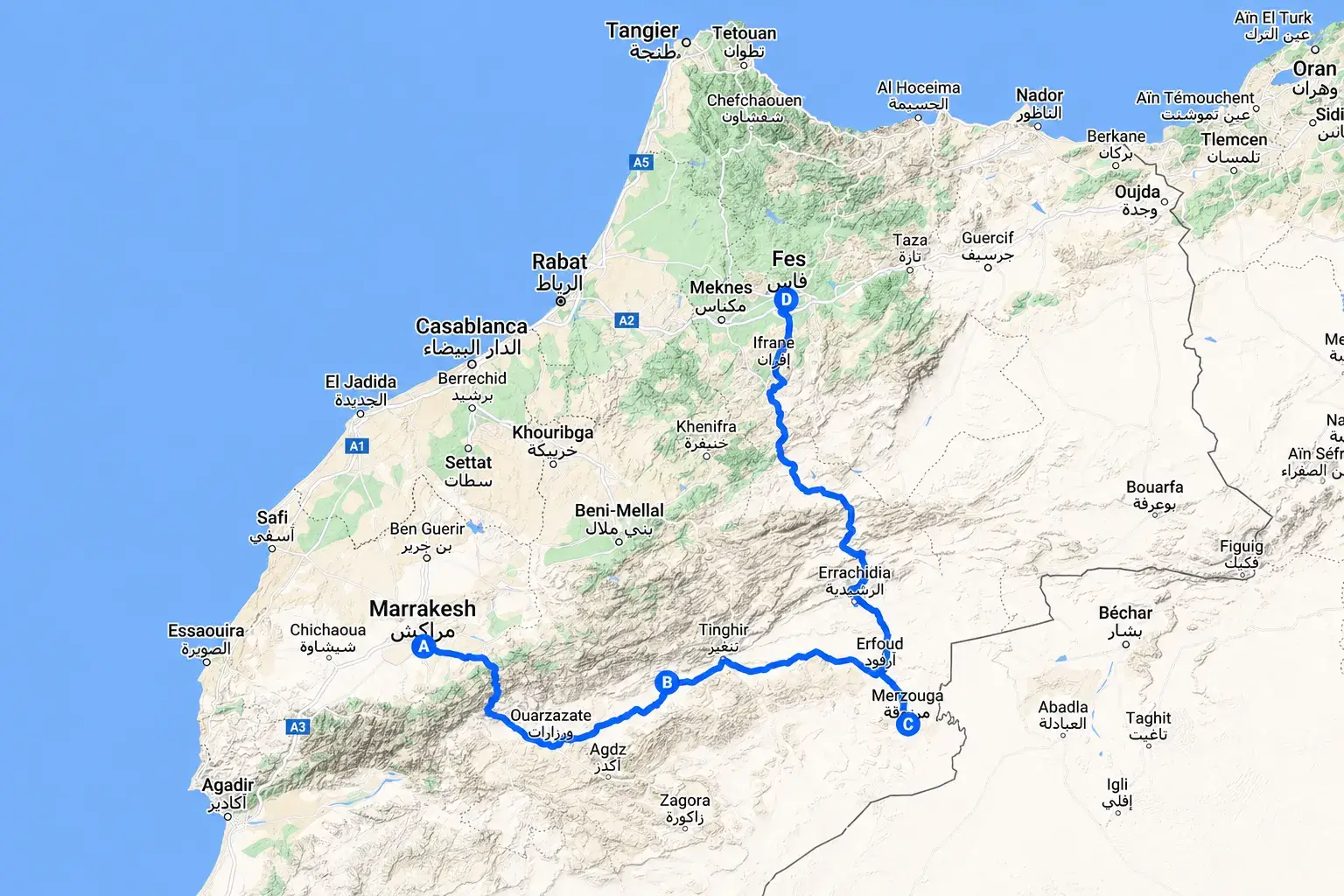 route map of the 5 days Marrakech to Fes desert tour via Merzouga and Atlas Mountains