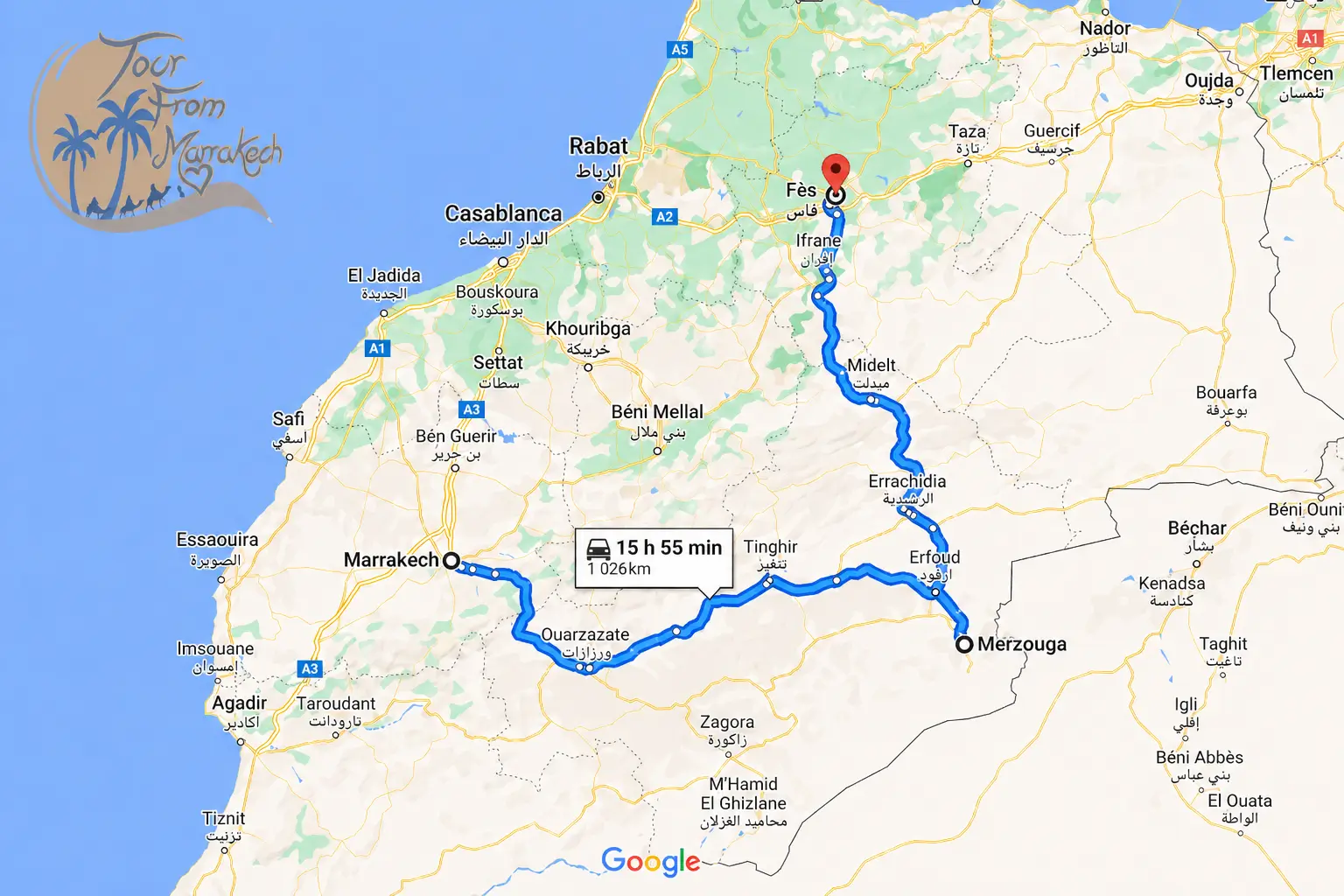Map of 6 Days Marrakech to Fes Desert Tour route via Merzouga Sahara