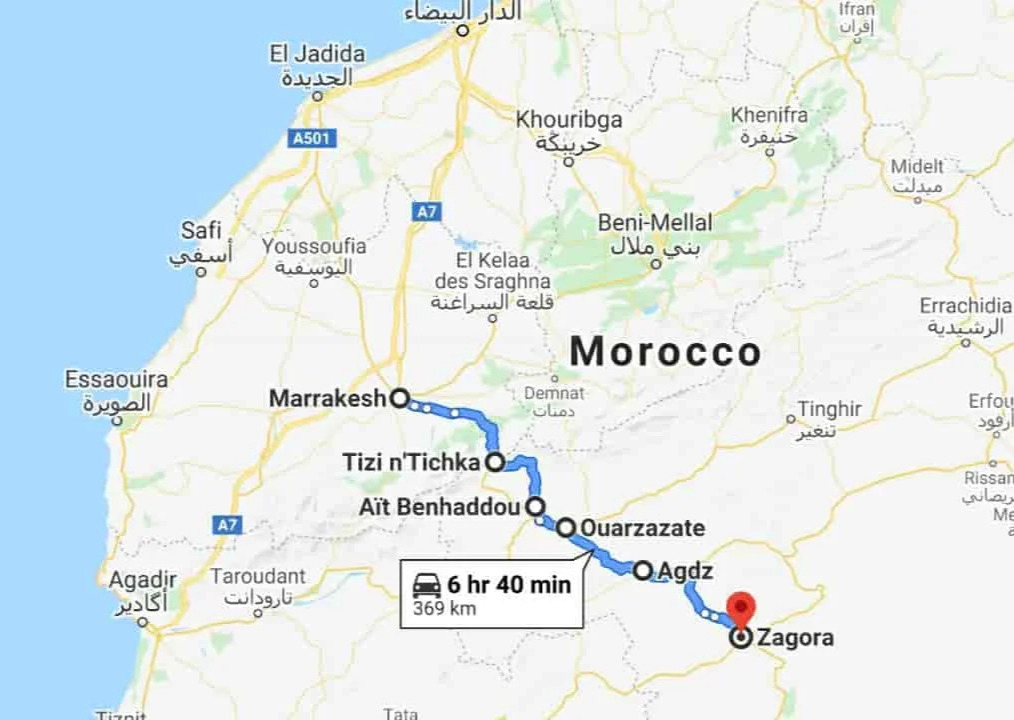 route map of the 2 days Marrakech to Zagora desert tour showing the travel itinerary