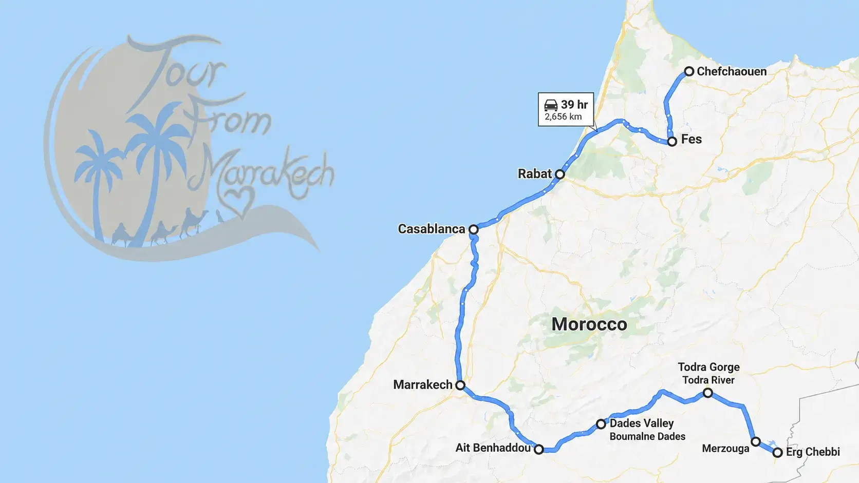 10 Days Morocco Tour from Fes map