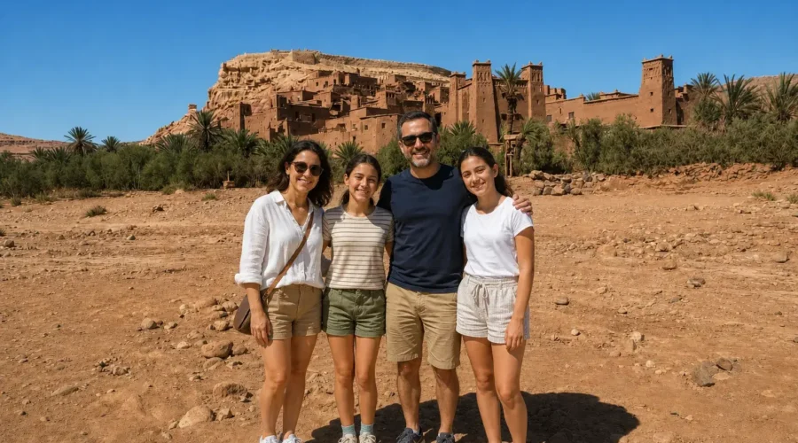 Visitors at Ait Ben Haddou during the 2 days desert tour from Fes to Marrakech