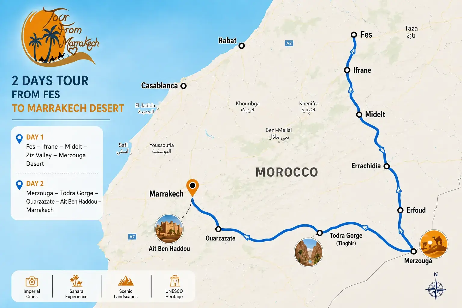 Route map of the 2 Days Desert Tour from Fes to Marrakech via Ifrane, Midelt, Merzouga, Todra Gorge, Ouarzazate and Ait Ben Haddou
