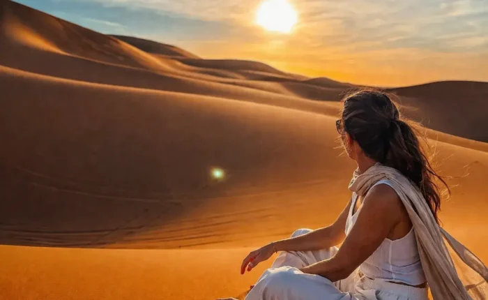 Woman watching sunset in Merzouga Sahara during the 2 days desert tour from Fes to Marrakech