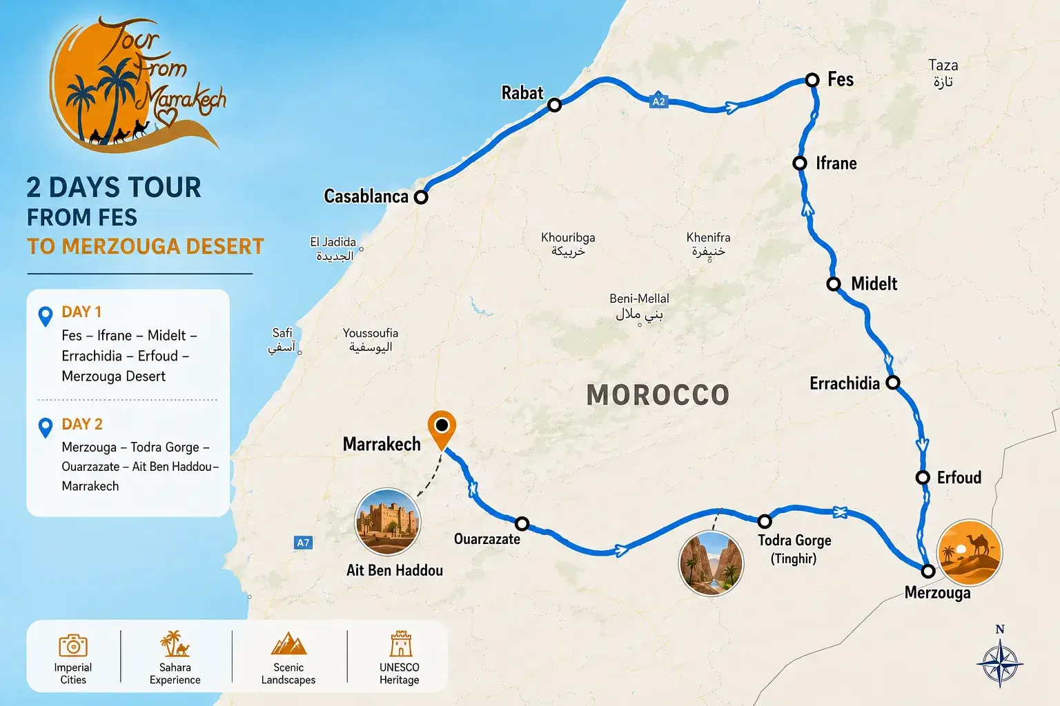 Route map of the 2 Days Fes to Merzouga Desert Tour via Ifrane, Midelt, Errachidia, Erfoud and Sahara Desert