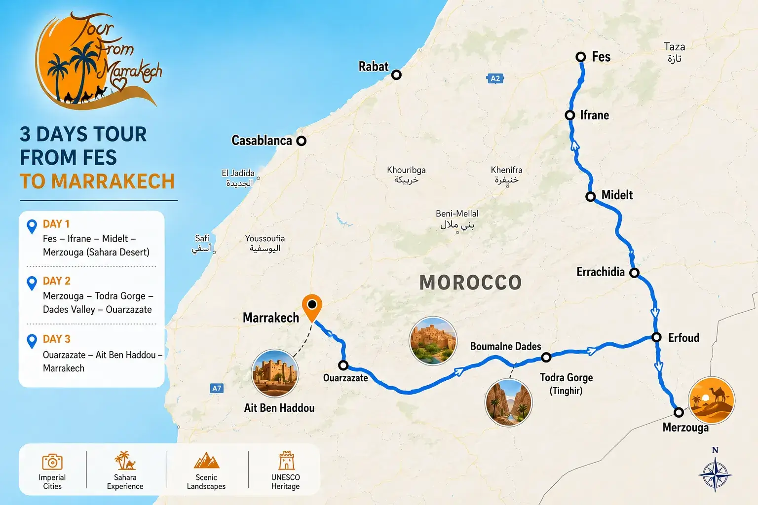 3 Days Fes to Marrakech Desert Tour Map via Merzouga Route map of the 3 Days Fes to Marrakech Desert Tour via Merzouga Sahara Desert