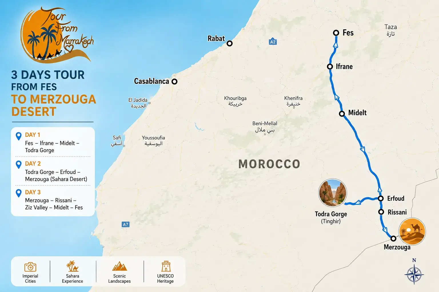 Route map of the 3 Days Fes to Merzouga Desert Tour through Ifrane, Midelt, Todra Gorge and Merzouga Sahara