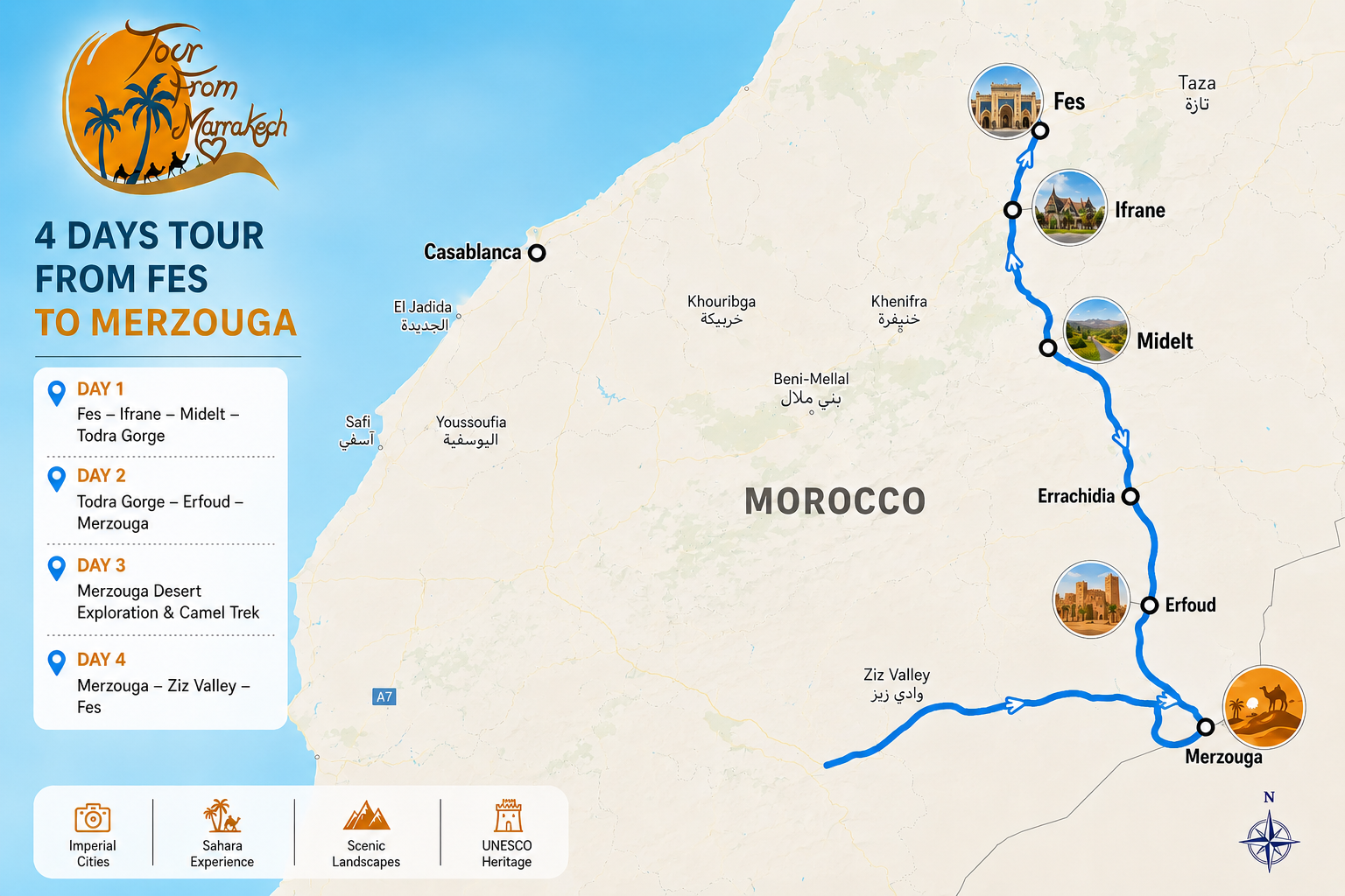 Route map of the 4 Days Fes to Merzouga Desert Tour through Ifrane, Midelt, Todra Gorge, Erfoud, and the Sahara Desert