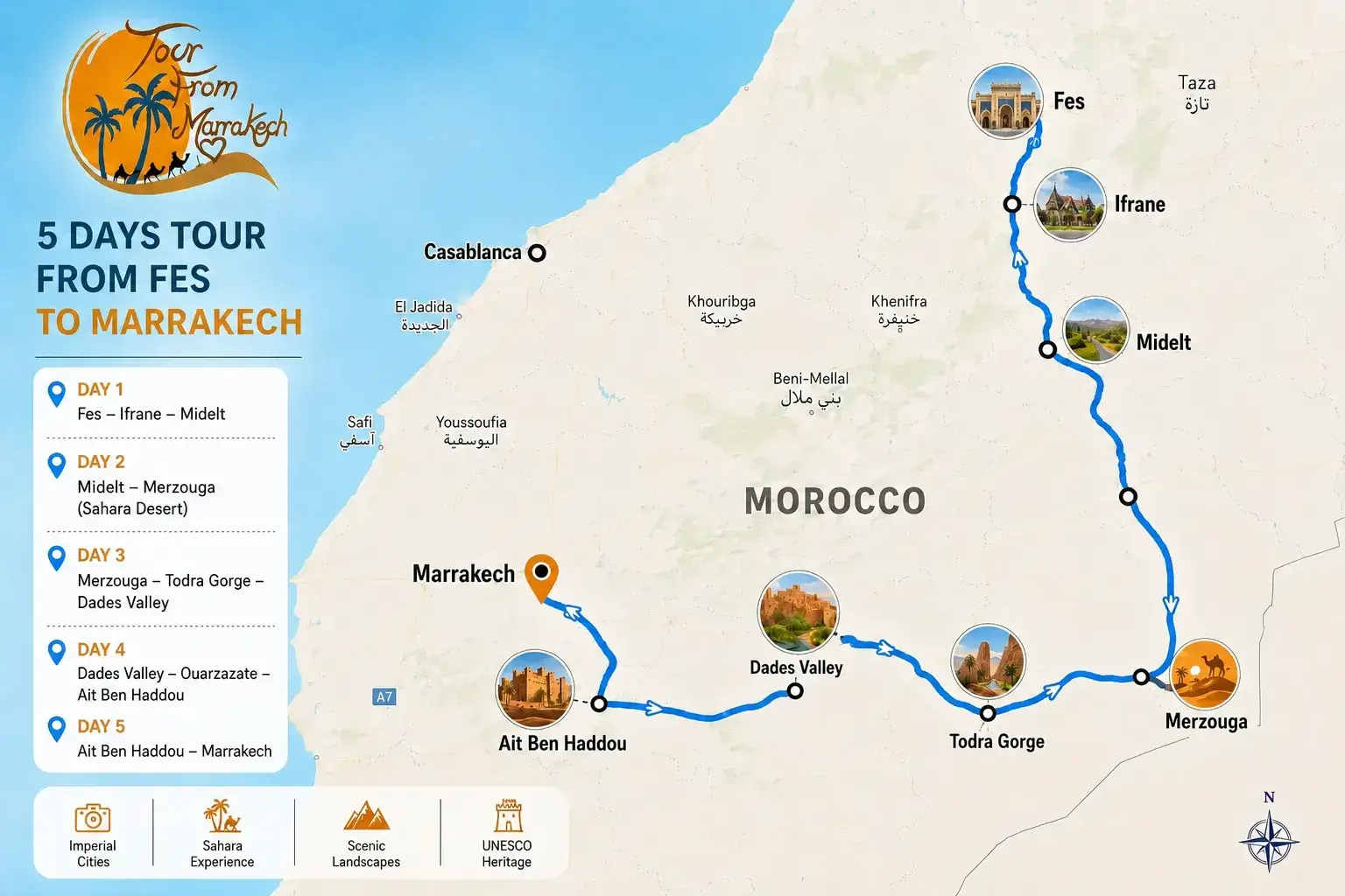 5 Days Fes to Marrakech Desert Tour Map 5 Days Fes to Marrakech Desert Tour route map via Ifrane, Midelt, Merzouga Sahara, Todra Gorge, Dades Valley and Ait Ben Haddou