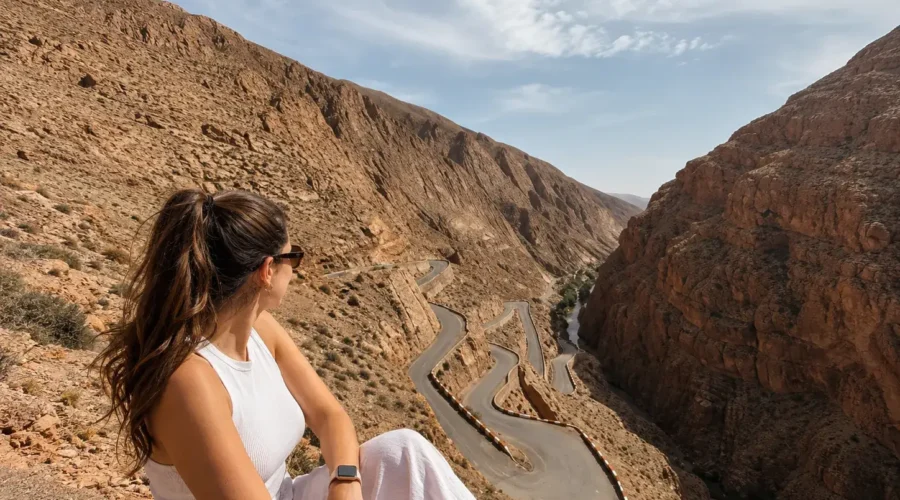Todra Gorge Scenic View – 5 Days Fes to Marrakech Desert Tour Tourist enjoying the panoramic canyon road view during the 5 Days Fes to Marrakech Desert Tour in Todra Gorge