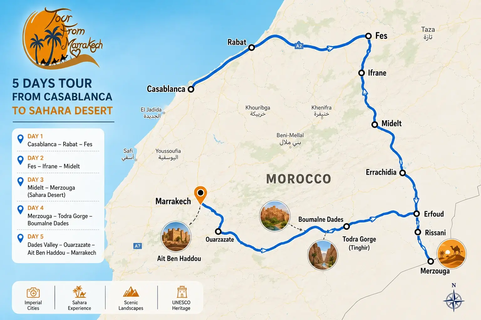 Map of the 5 days tour from Casablanca to Sahara Desert via Rabat, Fes, Merzouga and Marrakech in Morocco