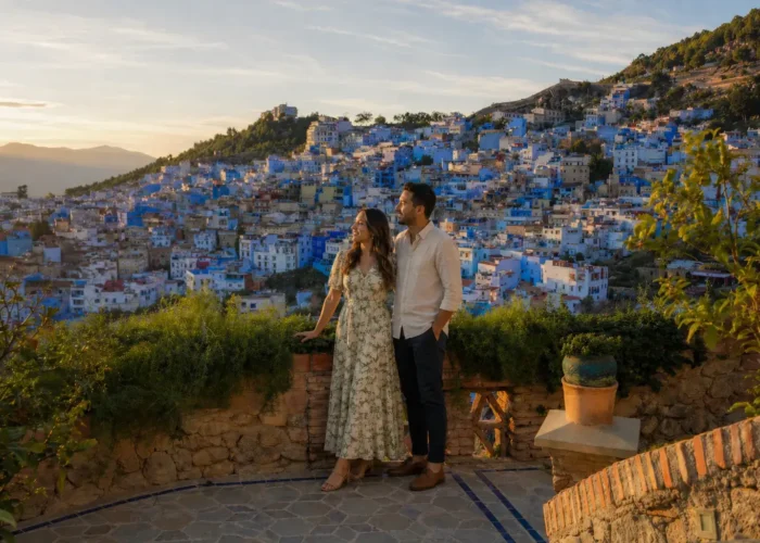 Couple enjoying panoramic view of Chefchaouen during an 8 days Morocco tour from Fes