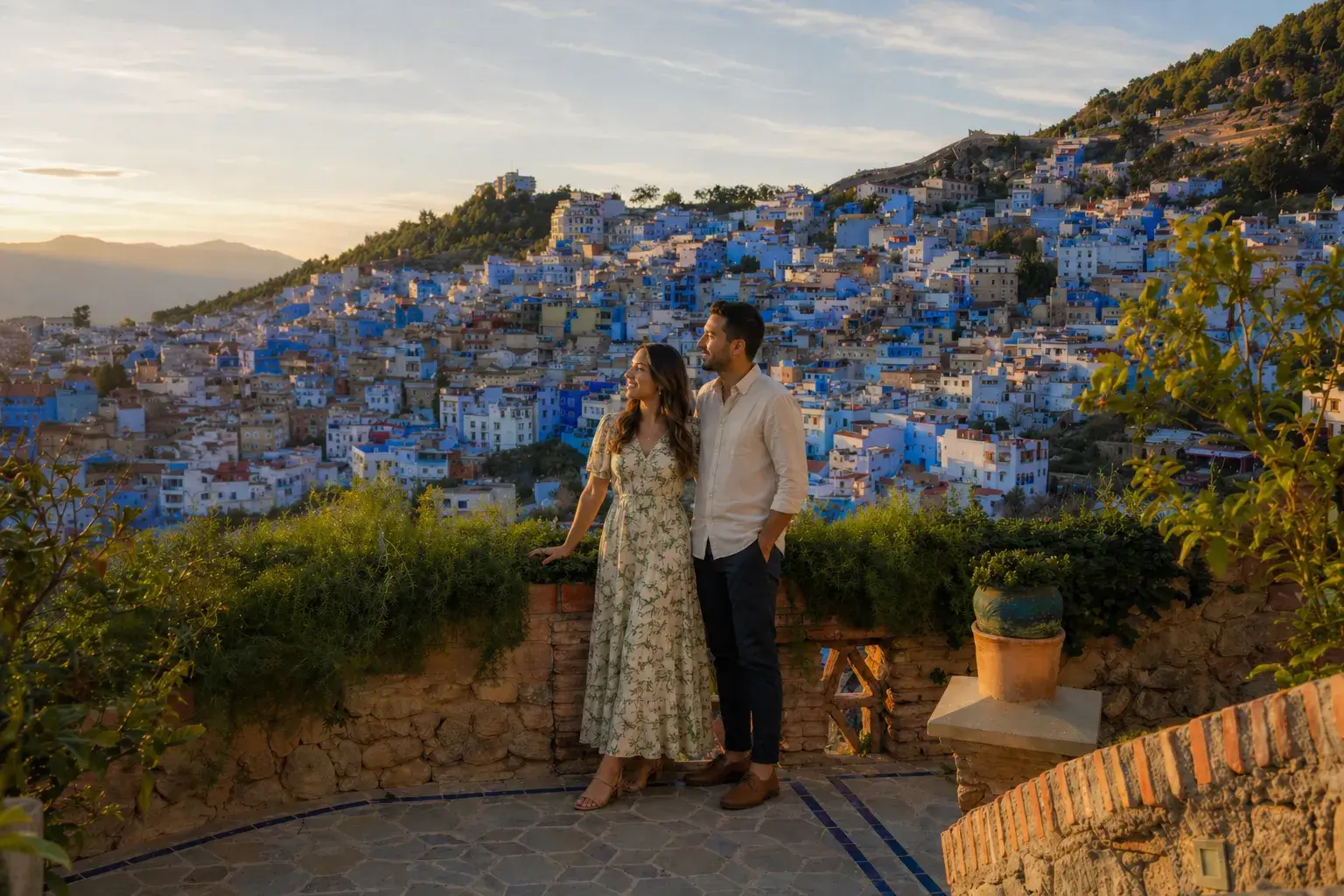 Couple enjoying panoramic view of Chefchaouen during an 8 days Morocco tour from Fes