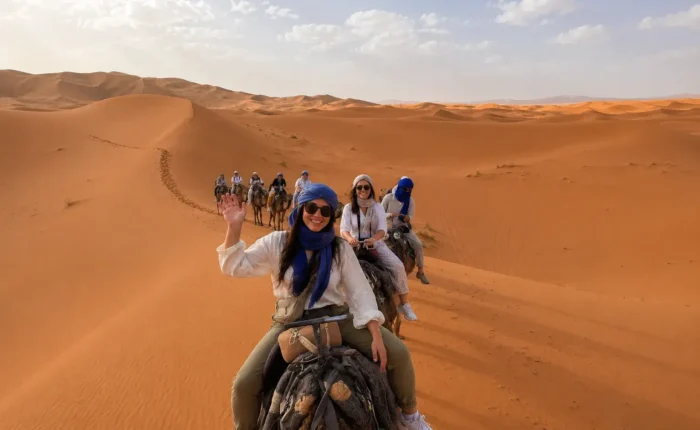Camel trekking experience during the 9 days Morocco tour from Fes in the Sahara Desert of Merzouga