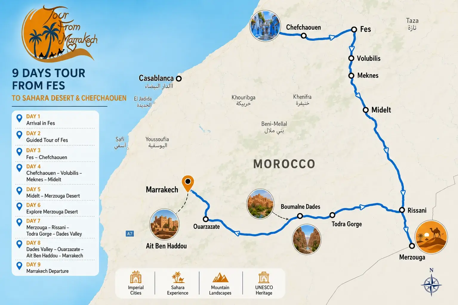 Route map of the 9 days Morocco tour from Fes including Chefchaouen, Merzouga Sahara Desert, Todra Gorge, Ait Ben Haddou, and Marrakech