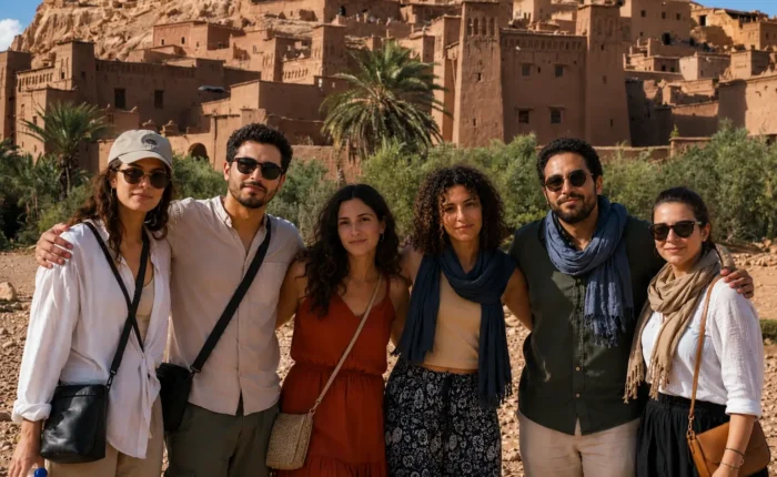 Travelers visiting Ait Ben Haddou during a 9 days tour from Casablanca Morocco