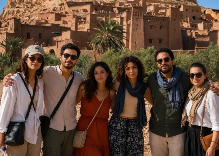 Travelers visiting Ait Ben Haddou during a 9 days tour from Casablanca Morocco
