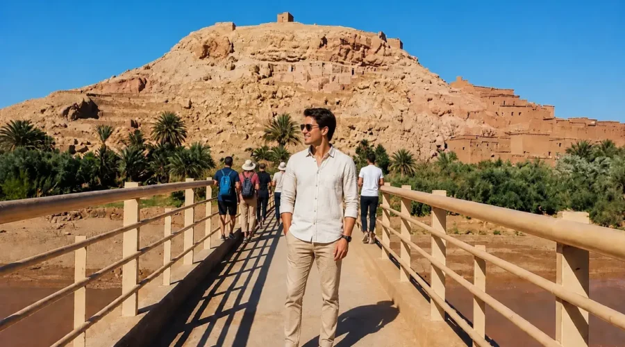 Tourist walking near Ait Ben Haddou on the 4 Days Fes to Marrakech Desert Tour