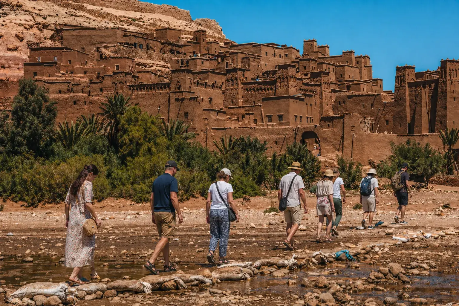 Travelers walking near Ait Ben Haddou on the 4 Days Fes to Marrakech Desert Tour