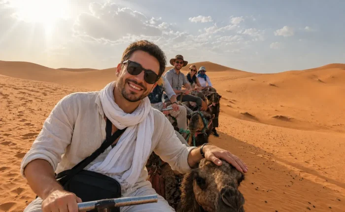 Tourists riding camels in the Merzouga Sahara during the 3 Days Fes to Marrakech Desert Tour