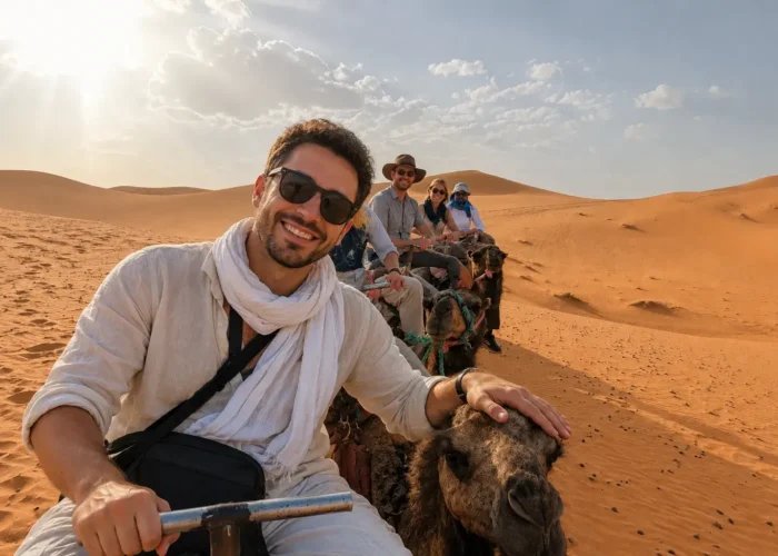 Tourists riding camels in the Merzouga Sahara during the 3 Days Fes to Marrakech Desert Tour