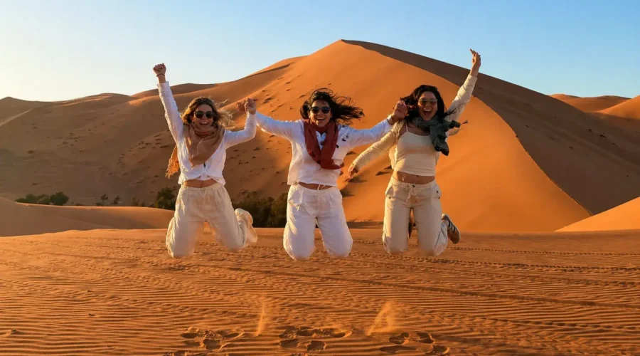 Friends jumping in the Sahara dunes during the 4 Days Fes to Merzouga Desert Tour