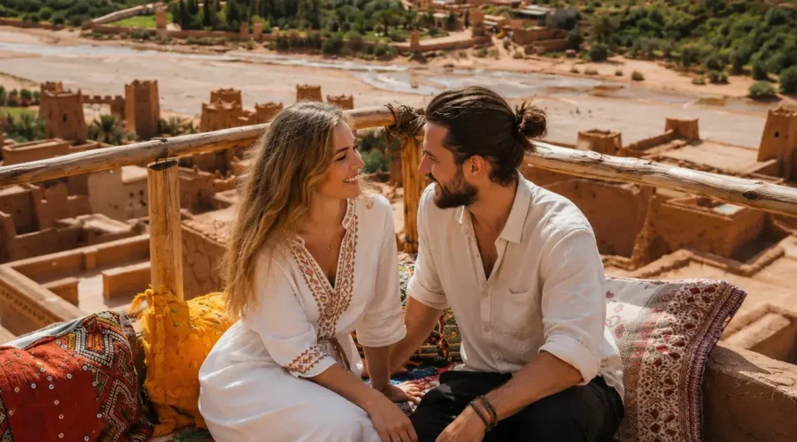 Couple enjoying the view over Ait Ben Haddou in Morocco