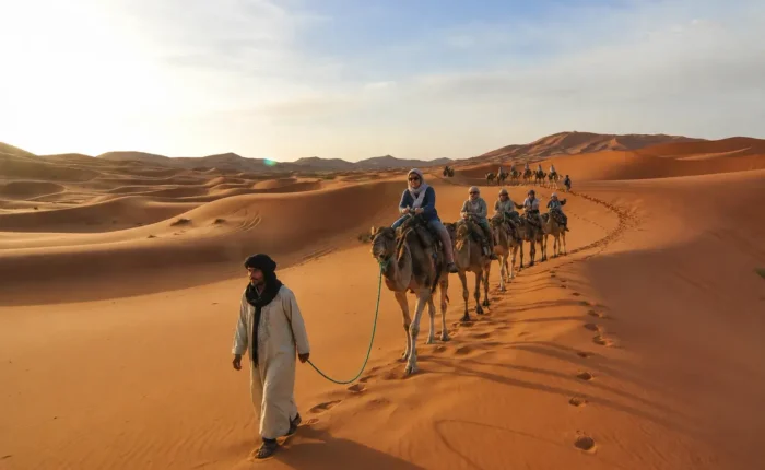 Camel trekking in Merzouga Sahara during a 10 days Morocco tour from Fes