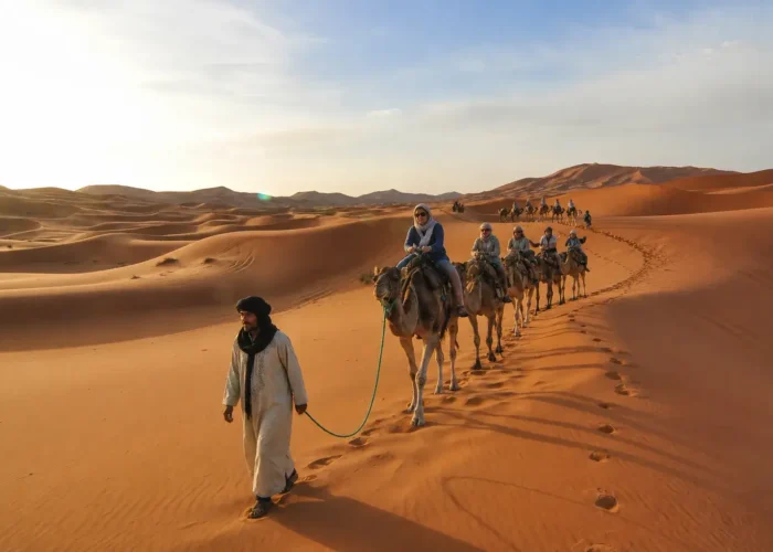 Camel trekking in Merzouga Sahara during a 10 days Morocco tour from Fes