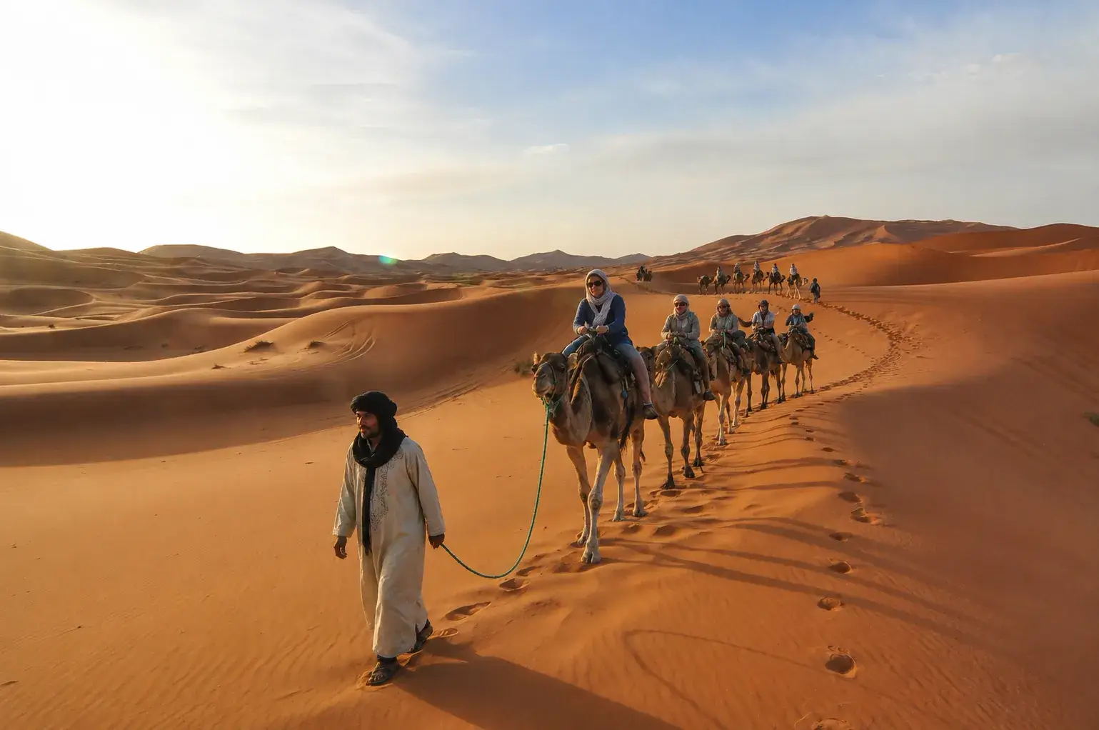 Camel trekking in Merzouga Sahara during a 10 days Morocco tour from Fes