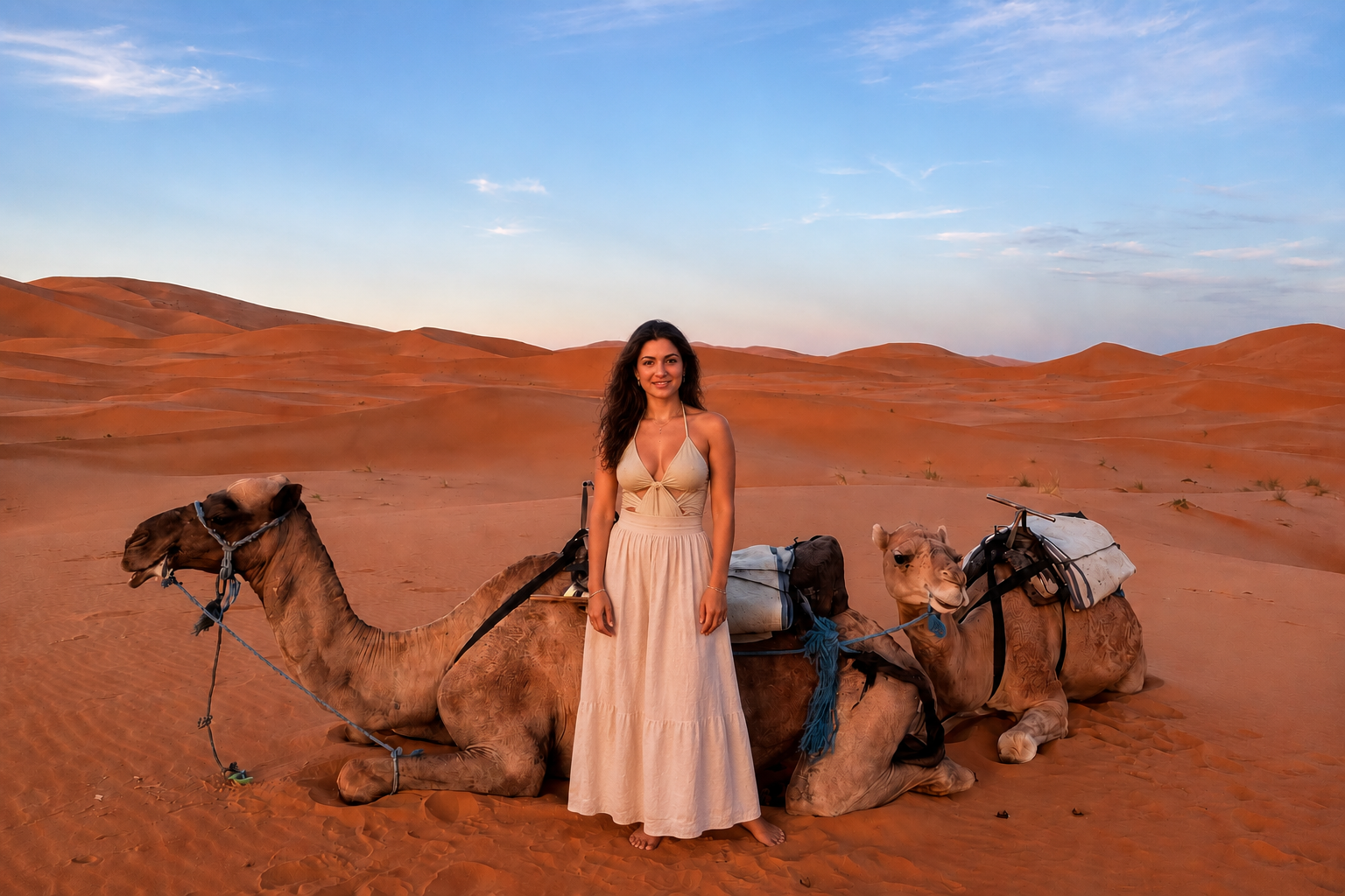 Woman with camels in the Merzouga Sahara Desert at sunset