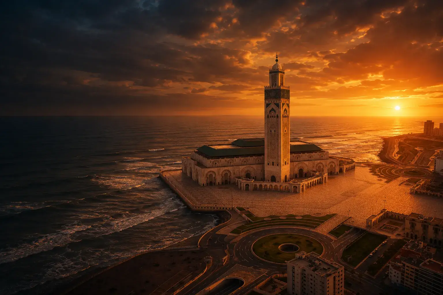 Luxury Casablanca tours banner featuring Hassan II Mosque at sunset in Morocco