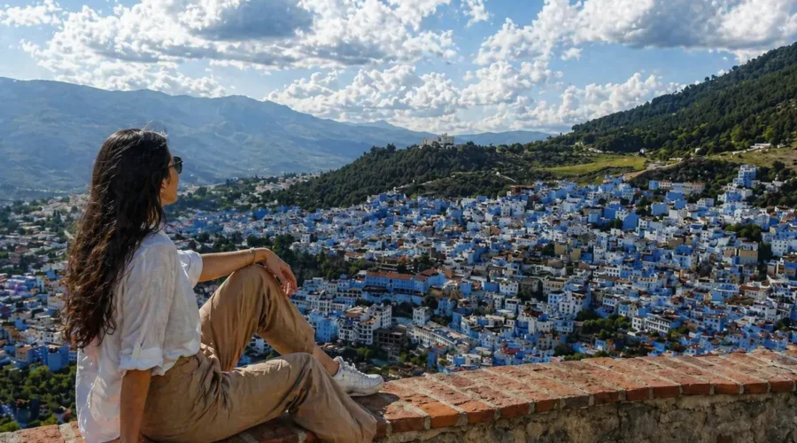 Chefchaouen Day Trip from Fes, Woman enjoying panoramic view over Chefchaouen blue city Morocco