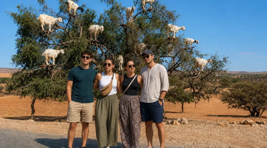 Argan Tree Goats on the Road to Essaouira Tourists stopping to see goats climbing argan trees during a day trip from Marrakech to Essaouira