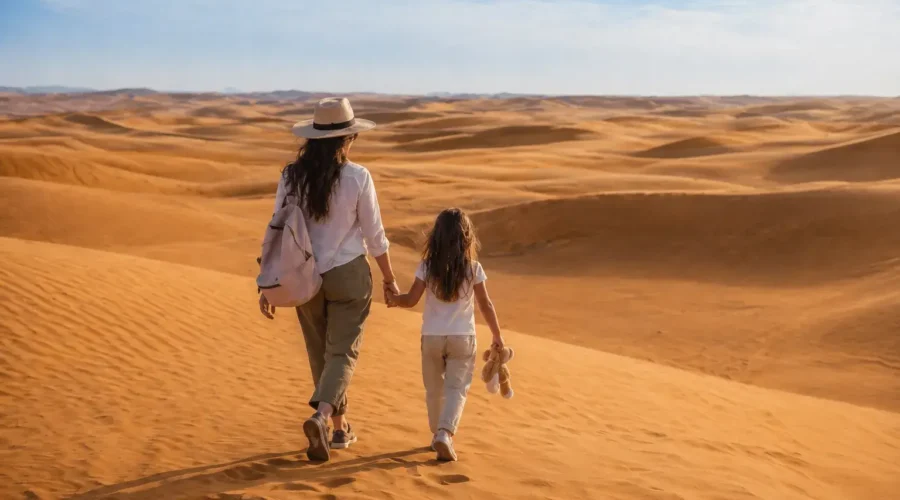 Mother and daughter walking through the Sahara dunes in Merzouga Morocco