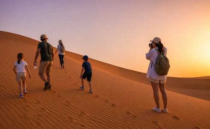 Family walking across the Merzouga Sahara dunes during the 5 Days Fes to Marrakech Desert Tour